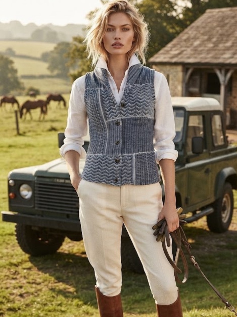 Ralph Lauren Chaps Denim Blue and White Knit Vest